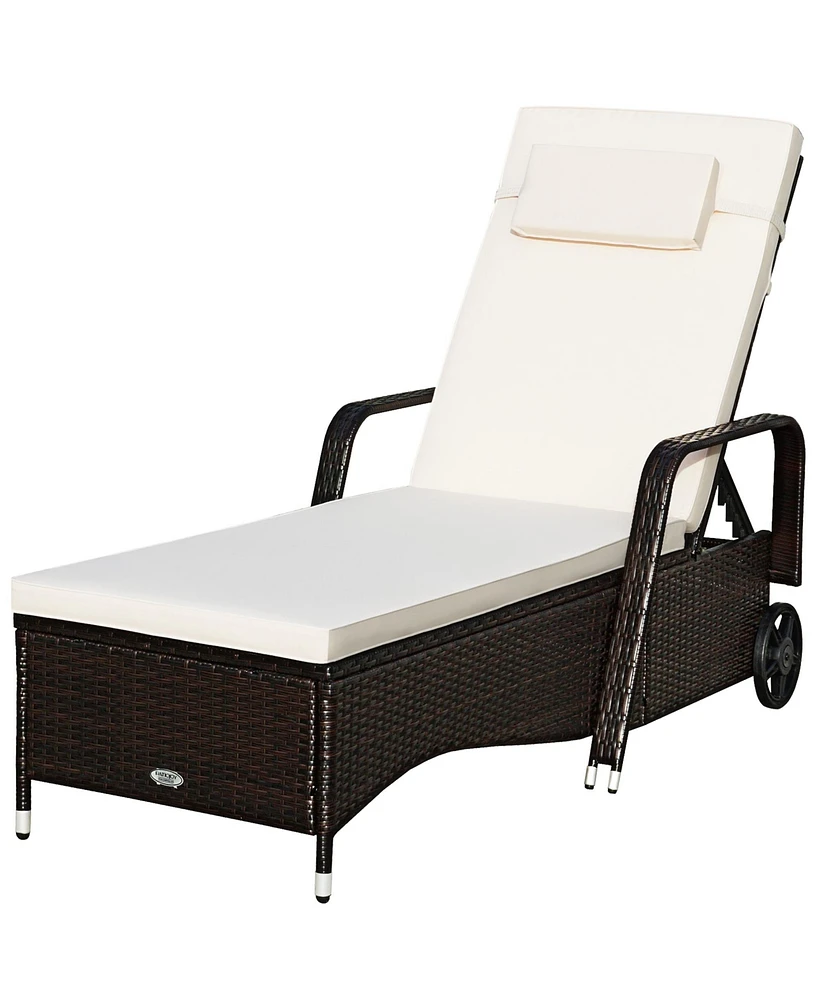 Gymax Cushioned Outdoor Wicker Chaise Lounge Chair w/ Wheel Adjustable Backrest