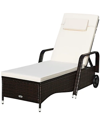 Gymax Cushioned Outdoor Wicker Chaise Lounge Chair w/ Wheel Adjustable Backrest