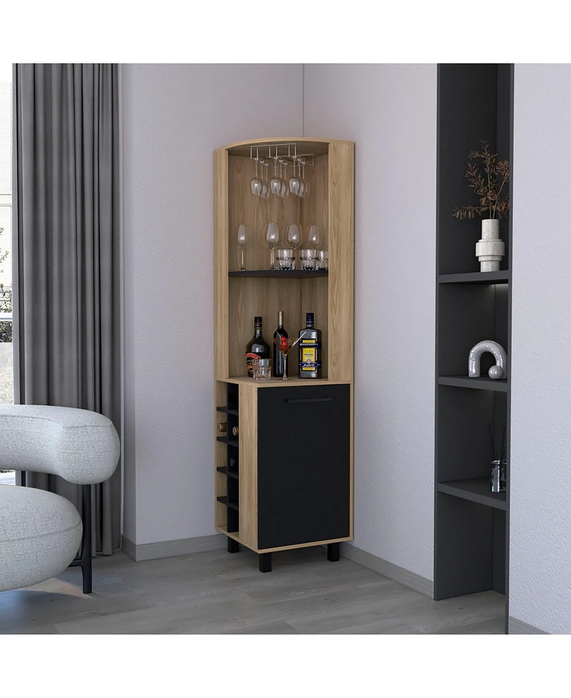 Fm Furniture Leah corner bar cabinet in melamine, glass holder, wine and wine rack.