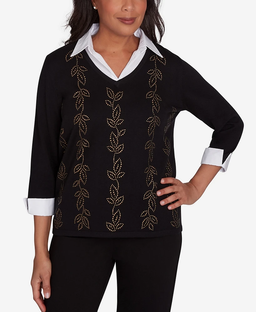 Alfred Dunner Women's Rue Rivoli Beaded Embroidered Cozy Two One Top