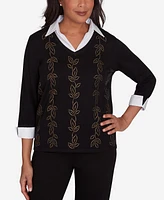 Alfred Dunner Women's Rue Rivoli Beaded Embroidered Cozy Two One Top