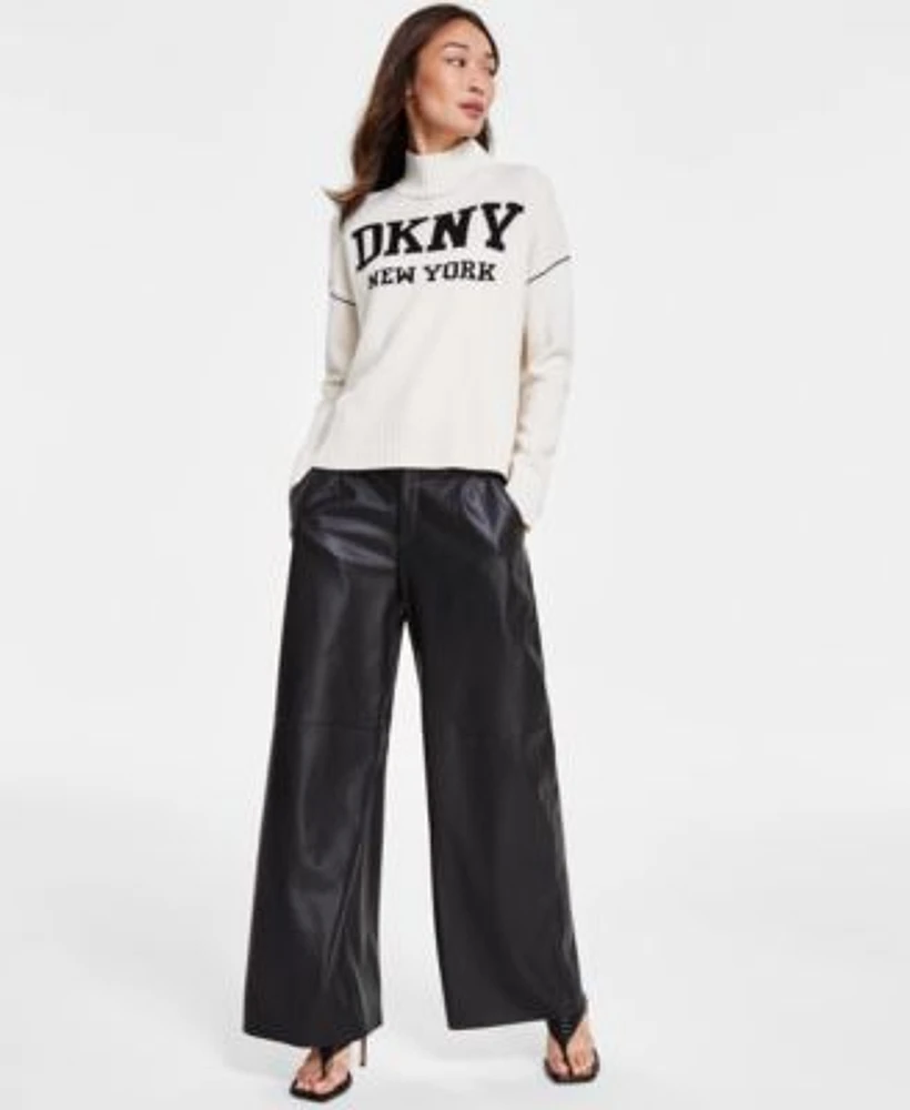 Dkny Jeans Womens Intarsia Logo Turtleneck Sweater Faux Leather Wide Leg Pants