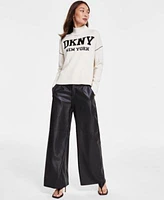 Dkny Jeans Womens Intarsia Logo Turtleneck Sweater Faux Leather Wide Leg Pants