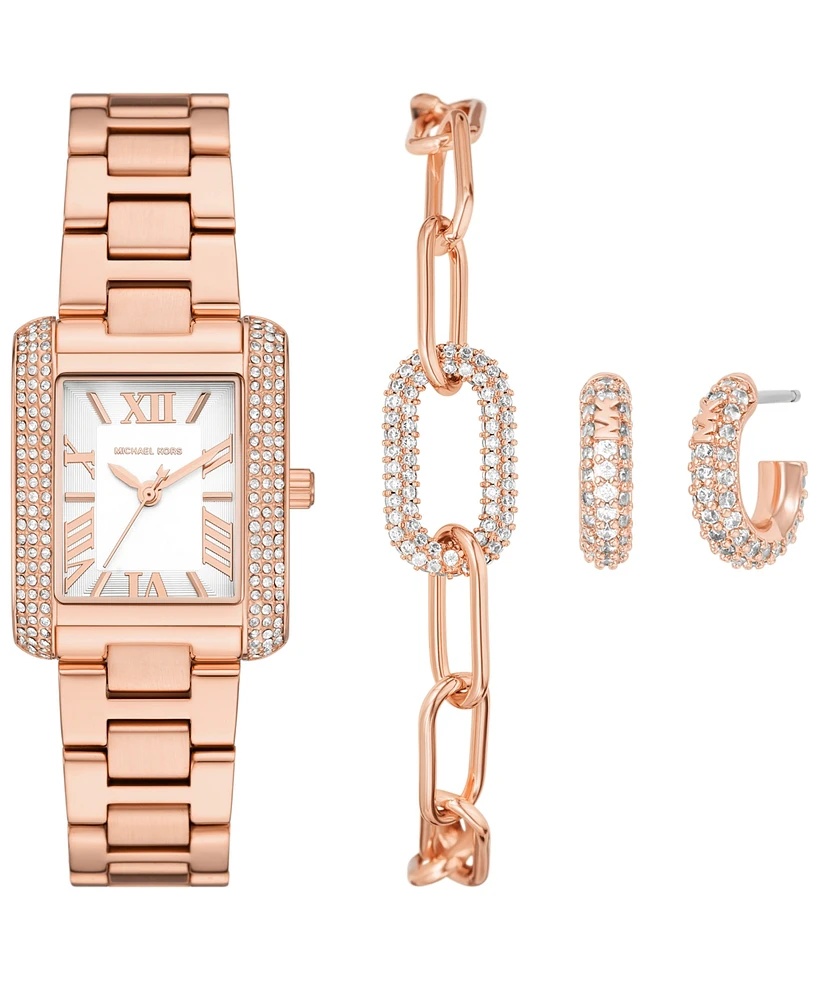 Michael Kors Women's Emery Three-Hand Rose Gold-Tone Stainless Steel Watch, Earrings, and Bracelet Gift Set 27mm