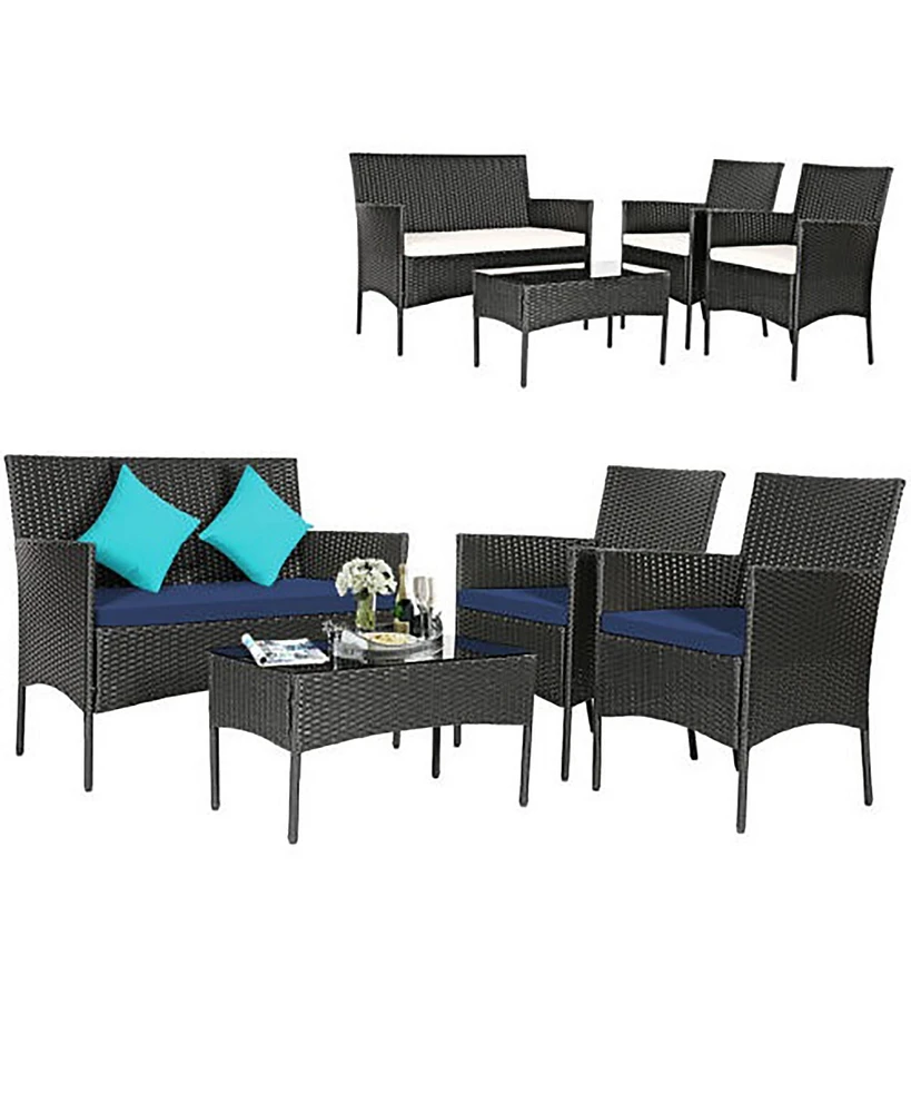 Gymax 4PCS Outdoor Furniture Set Patio Rattan Conversation Set w/ Navy & Off White Cushion