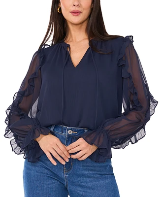 1.state Women's Tie-Neck Ruffled Sheer-Sleeve Blouse