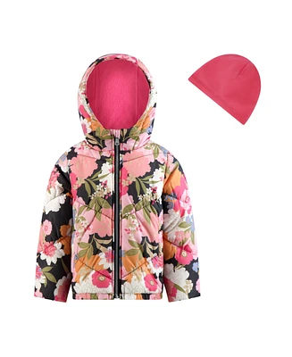 Jessica Simpson Girls Fashion Floral Print Puffer Jacket With Hat