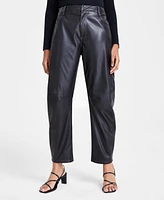 Bar Iii Women's High-Rise Barrel-Leg Faux Leather Pants, Created for Macy's