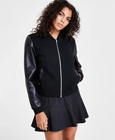 Bar Iii Women's Ponte-Knit Faux-Leather Bomber Jacket, Created for Macy's