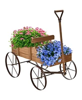 Sugift Wooden Wagon Plant Bed with Metal Wheels for Garden Yard Patio