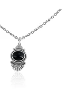 American West Jewelry Sterling Silver and Black Onyx Gemstone Fan Pendant with Chain Necklace, 17-20 Inches