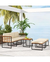 Costway 6 Pcs Acacia Wood Patio Furniture Set Outdoor Sectional Conversation Sofa Set