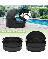 Costway Patio Round Daybed with Retractable Canopy Rattan Sectional Seating