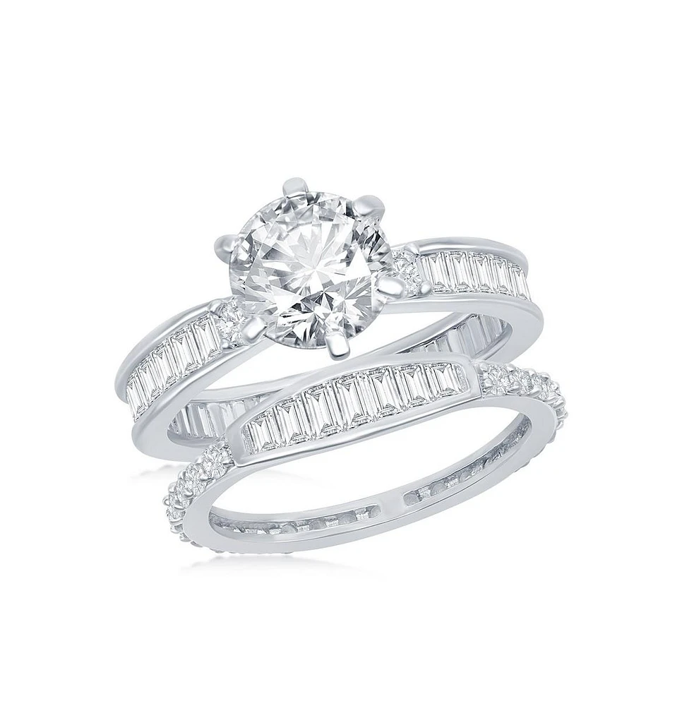 Simona Sterling Silver Six-Prong Baguette Cz Band Engagement Ring Set