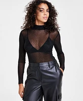 Bar Iii Women's Sheer Mock-Neck Rhinestone Top, Created for Macy's