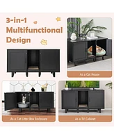 Sugift 2-Door Cat Litter Box Enclosure with Winding Entry and Scratching Board