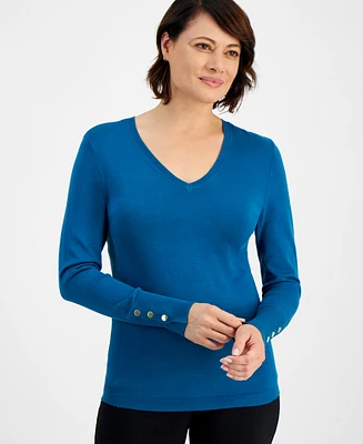 Jm Collection Petite Rivet-Detail V-Neck Sweater, Created for Macy's