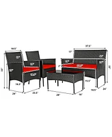 Sugift 4 Pieces Patio Rattan Cushioned Sofa Set with Tempered Glass Coffee Table-Red