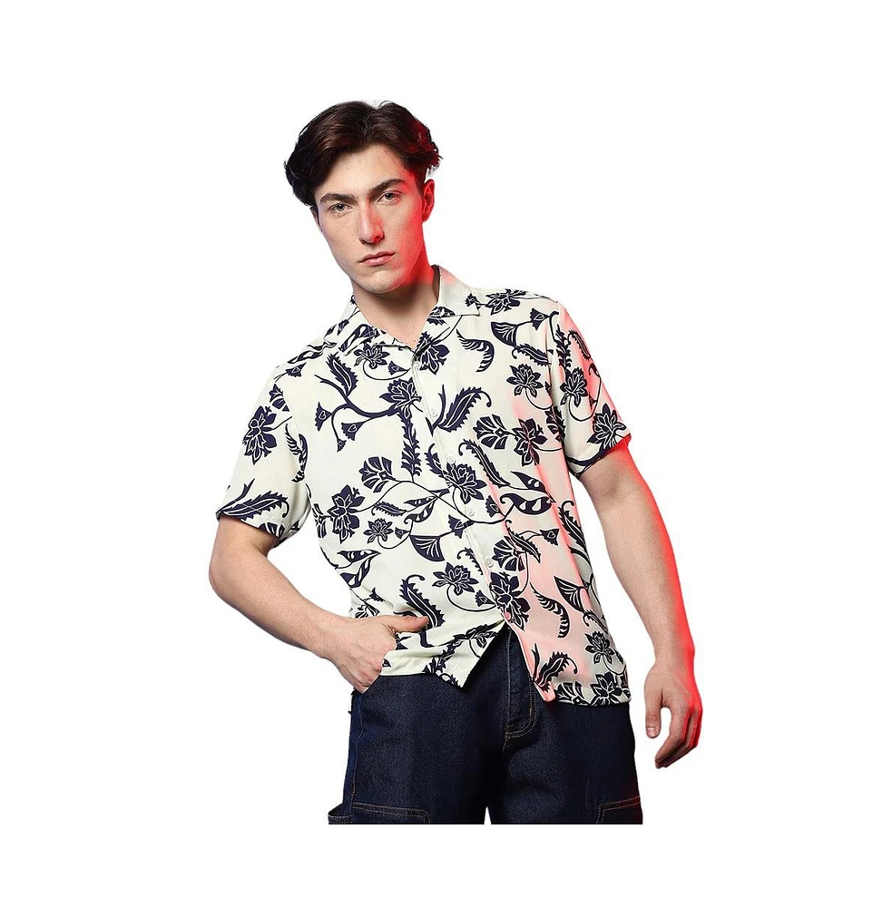 Campus Sutra Men's Midnight Black & Ivory White Contrast Flower Shirt