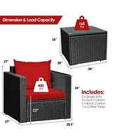 Sugift 3 Pieces Patio Wicker Conversation Set with Cushion-Red