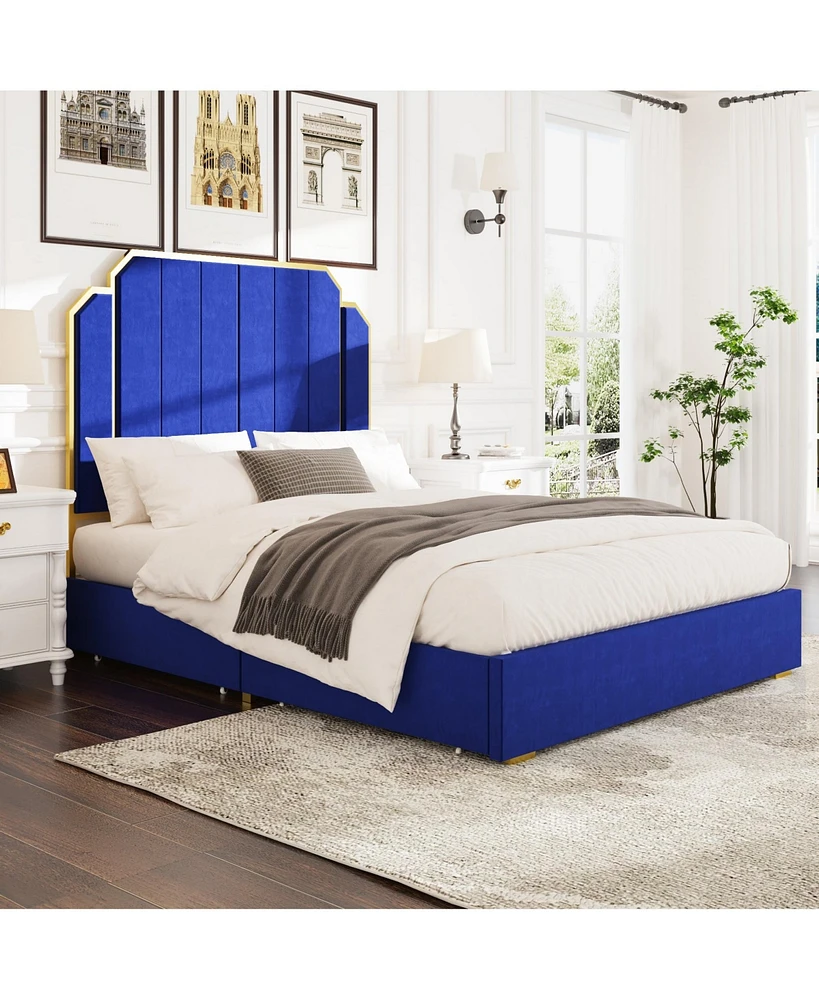 Mondawe Navy Blue 59.06" Queen Size Headboard Bed Frame