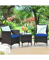 Sugift 3 Pieces Ergonomic Wicker Patio Conversation Set-Navy