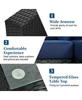 Sugift 7 Pieces Sectional Wicker Furniture Sofa Set with Tempered Glass Top-Navy