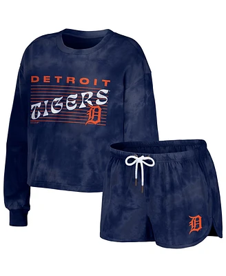 Wear by Erin Andrews Women's Navy Detroit Tigers Tie-Dye Cropped Pullover Sweatshirt Shorts Lounge Set