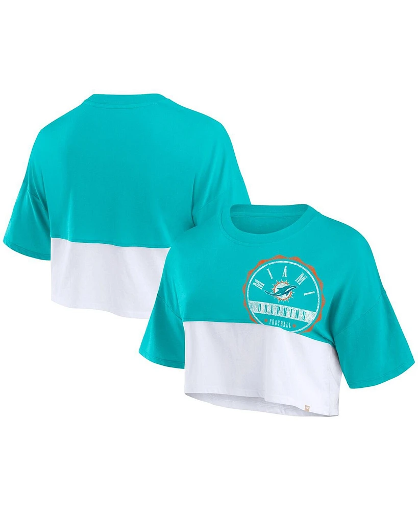 Fanatics Women's Aqua/White Miami Dolphins Boxy Color Split Cropped T-Shirt