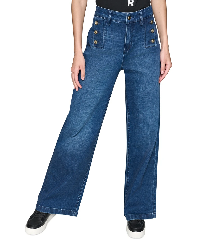 Karl Lagerfeld Paris Petite Mid-Rise Wide-Leg Jeans, First@Macy's