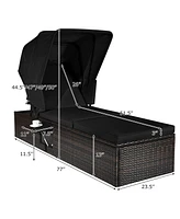 Gymax Set of 2 Rattan Patio Chaise Lounge Chair W/ Adjustable Canopy Black Cushion