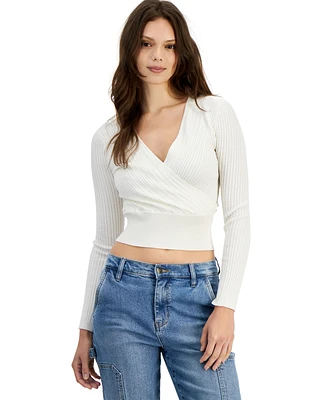 Ultra Flirt Juniors' Cable-Knit Surplice Cropped Sweater