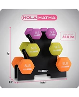 HolaHatha 3, 5, and 8 Pound Dumbbell Hand Weight Set with Storage Rack, Multi