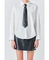 Grey Lab Women's Shirt with Faux Leather Necktie