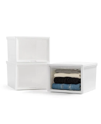 Iris Usa 42 Qt. Stackable Storage System for Clothes, Large, 3 Pack, Plastic Dresser Chest with Flip-Up Door, Great for Closet, White