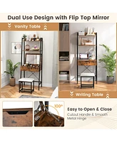 Costway Vanity Table Set Flip Top Mirror Ladder Storage Shelf Cushioned Stool Rustic