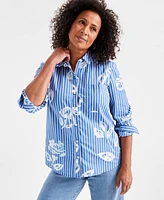 Style & Co Women's Cotton Floral Striped Perfect Shirt, Created for Macy's