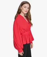 Halston Women's Tie-Waist Balloon-Sleeve Peplum Top