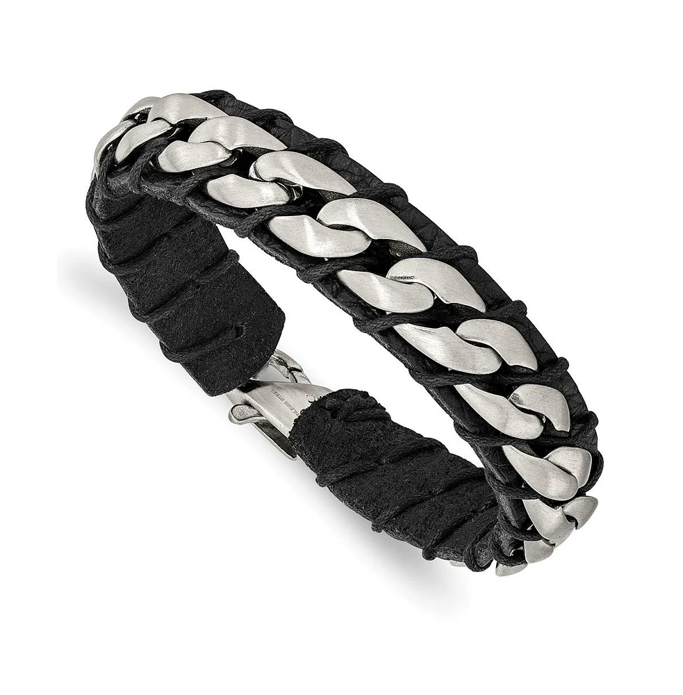 Chisel Stainless Steel Brushed Curb Chain and Black Leather Bracelet