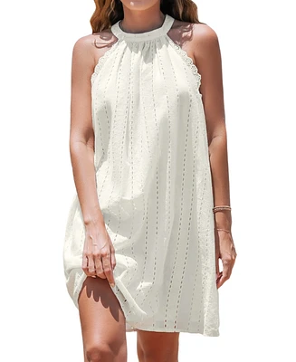 Cupshe Women's White Eyelet Linen Halterneck Mini Beach Dress