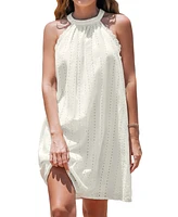 Cupshe Women's White Eyelet Linen Halterneck Mini Beach Dress