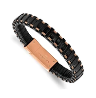 Chisel Stainless Steel Rose Ip-plated Cable and Black Leather Bracelet