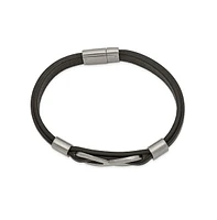 Chisel Stainless Steel Brushed Infinity Symbol Black Leather Bracelet