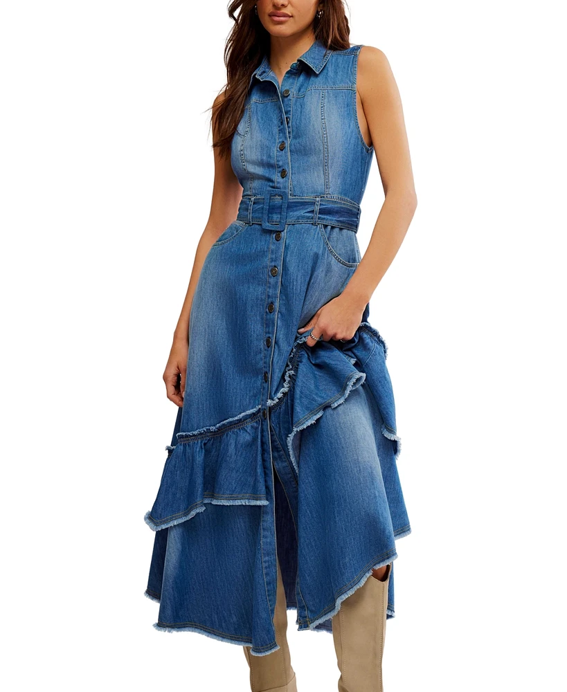 Free People Women's Beau Denim Asymmetrical Tiered Dress