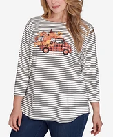 Ruby Rd. Plus Boat Neck Fall Y'All Truck Striped Knit Top