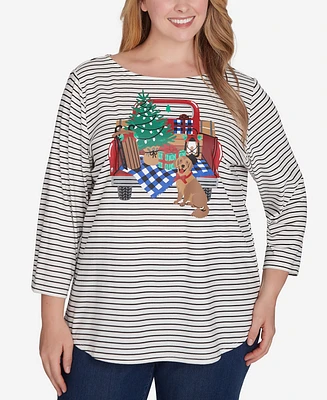 Ruby Rd. Plus Boat Neck Holiday Truck Printed Striped Top