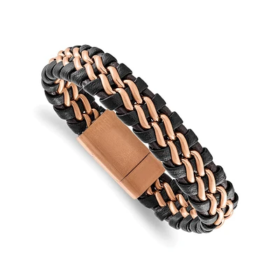 Chisel Stainless Steel Rose Ip-plated Dark Brown Leather Bracelet