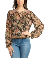 Bcx Juniors' Floral-Print Split-Neck Blouson-Sleeve Top