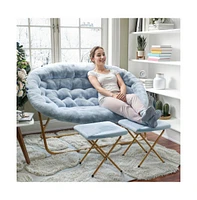 Emma+Oliver Janey Folding Double Saucer Chair With 2 Ottomans And Steel Frame For Dorm Or Bedroom