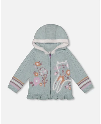 Deux par Baby Girls Jacquard Hooded Knit Cardigan Light Turquoise